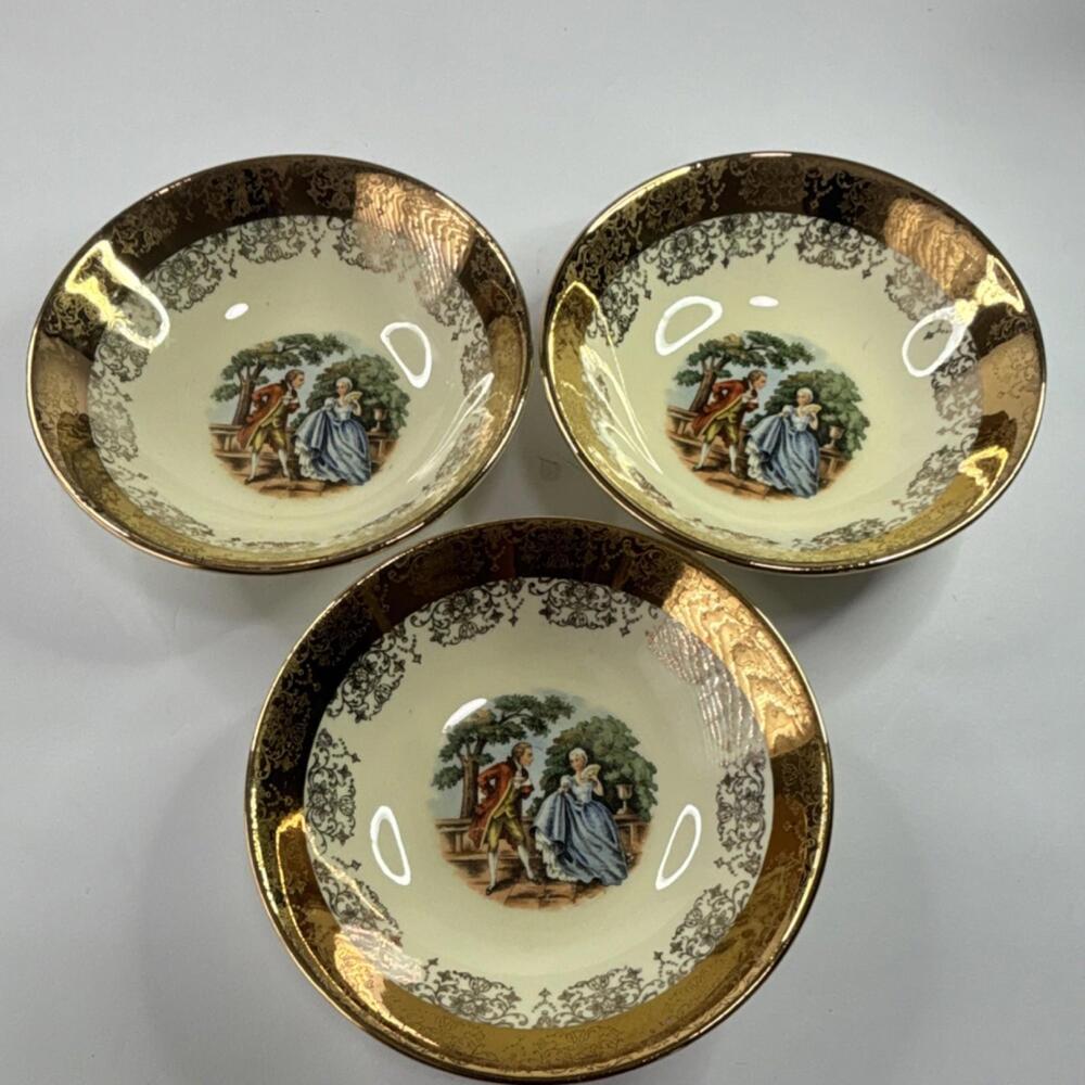 Crest-O-Gold 22K Gold Hand Painted Courting Couple Small Bowls Set of 3 Vintage